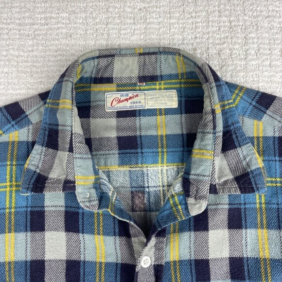 Vintage Champion Flannel Shirt Mens Sz 17.5 Blue Gray Plaid Cotton Button Up - Picture 7 of 16